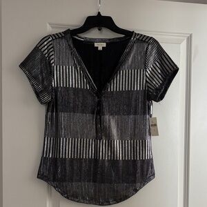 NWT Pilcro Anthropology Black and Silver Striped Blouse size Large